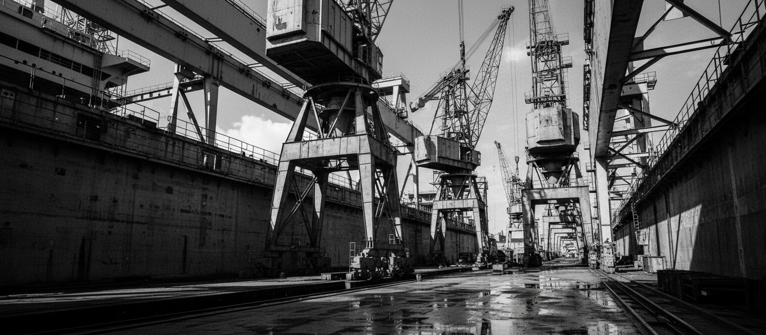 Industrial shipyard with cranes in black and white
